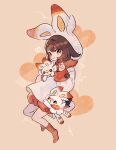  1girl bangs brown_eyes brown_hair character_doll closed_mouth commentary_request cosplay doll dress gloria_(pokemon) heart holding holding_doll hood hood_up long_sleeves orange_legwear orange_shorts pokemon pokemon_(creature) pokemon_(game) pokemon_ears pokemon_swsh scorbunny scorbunny_(cosplay) shiny shiny_hair short_hair shorts smile socks stitches white_dress zzzpani 