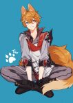 1boy :3 animal_ears black_footwear black_gloves blue_background blue_eyes boots collared_jacket earrings fox_ears fox_tail full_body genshin_impact gloves grey_jacket grey_pants hands_on_own_legs highres indian_style jacket jewelry knee_boots looking_at_viewer male_focus orange_hair pants paw_print red_scarf scarf short_hair simple_background sitting solo tail tartaglia_(genshin_impact) zumi_tiri 