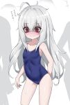  1girl ahoge arm_behind_back blue_swimsuit blush breasts covered_navel eha7y groin highres long_hair messy_hair one-piece_swimsuit original red_eyes school_swimsuit shaded_face silver_hair small_breasts solo swimsuit thighs 