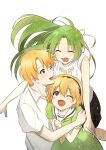  1boy 2girls bangs black_hairband black_skirt blonde_hair blush brother_and_sister closed_eyes collared_shirt dress eyebrows_visible_through_hair green_dress green_hair hairband highres higurashi_no_naku_koro_ni houjou_satoko houjou_satoshi jumping long_hair multiple_girls one_eye_closed open_mouth red_eyes shirt short_hair shosudo siblings simple_background skirt smile sonozaki_shion white_background white_shirt 