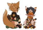  1boy 1girl animal_ears brown_hair calico cat_ears cat_girl cat_tail cropped_torso diona_(genshin_impact) fox_boy fox_ears fox_tail from_behind genshin_impact gorou_(genshin_impact) hair_ornament hat iwashi_(iwashi008) japanese_clothes pink_hair short_hair simple_background tail vision_(genshin_impact) white_background 