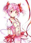  1girl arms_at_sides arms_behind_back blush bow bowtie bubble_skirt eyebrows_visible_through_hair hair_ribbon heart honwaka_shinshi kaname_madoka looking_at_viewer looking_to_the_side magical_girl mahou_shoujo_madoka_magica pink_eyes pink_hair red_bow ribbon skirt smile solo soul_gem twintails upper_body white_background 