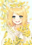  bangs blonde_hair blurry blurry_background blush bow collar collarbone eyebrows_visible_through_hair floral_background floral_print flower frilled_collar frills green_eyes hair_bow hinata_(princess_apple) holding holding_flower kagamine_rin long_sleeves looking_at_viewer open_mouth pollen sailor_collar sketch smile swept_bangs vocaloid yellow_flower 