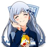  akizuki_ritchan blush chicken_nuggets closed_eyes closed_mouth commentary_request eating employee_uniform hair_ornament hand_on_own_cheek hand_on_own_face happy highres id_card idolmaster idolmaster_million_live! lawson light_blue_hair long_hair long_sleeves shiraishi_tsumugi shirt smile solo striped striped_shirt toothpick uniform upper_body vertical-striped_shirt vertical_stripes very_long_hair white_background 