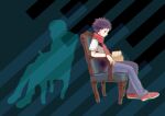  1boy book bracelet chair closed_mouth commentary_request from_side grey_pants holding holding_book jewelry lucas_(pokemon) male_focus memi_(gamemix) pants pokemon pokemon_(game) pokemon_dppt red_footwear red_scarf scarf shoes short_hair short_sleeves sitting spiky_hair 