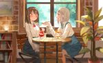  2girls absurdres bangs blue_skirt blurry blurry_background blush brown_eyes brown_hair cafe chair collared_shirt commentary_request cup food green_ribbon hair_between_eyes highres holding holding_spoon indoors long_sleeves multiple_girls open_mouth original red_eyes ribbon sen_(sennosenn1127) shirt short_hair silver_hair sitting skirt spoon table white_shirt window yuri 