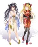  2girls akatsuki_hijiri bangs bare_shoulders blonde_hair blush breasts brown_hair china_dress chinese_clothes collarbone dress ereshkigal_(fate) fate/grand_order fate_(series) full_body gloves high_heels ishtar_(fate) ishtar_(fate)_(all) long_hair looking_at_viewer medium_breasts multiple_girls open_mouth parted_bangs red_dress red_eyes smile tiara two_side_up white_dress 