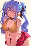  1girl alternate_color alternate_hairstyle bangs bikini black_bow blue_eyes blue_hair blue_horns bow breasts brown_collar closed_mouth collar dola_(nijisanji) dragon_girl dragon_horns frown hair_bow halter_top halterneck hati105 highres horns large_breasts long_hair looking_at_viewer nijisanji red_sarong sarong simple_background solo swimsuit tearing_up twintails v-shaped_eyebrows v_arms very_long_hair virtual_youtuber white_background yellow_bikini 