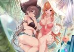  2girls ann_(ann58533111) arm_strap ass azur_lane backless_swimsuit beach_umbrella bikini breasts brown_bikini brown_hair criss-cross_halter crossed_legs cutoff_jeans cutoffs feet_out_of_frame frilled_swimsuit frills from_above halterneck hammock hat highleg highleg_bikini jean_bart_(azur_lane) jean_bart_(secret_afternoon)_(azur_lane) large_breasts long_hair looking_at_viewer looking_up medium_breasts micro_shorts multiple_girls multiple_straps official_alternate_costume one-piece_swimsuit open_clothes open_shorts orange_hair outdoors parfait pink_swimsuit pirate_hat richelieu_(azur_lane) richelieu_(flagship_in_the_sea_breeze)_(azur_lane) shorts side-tie_swimsuit summer sun_hat swimsuit umbrella very_long_hair violet_eyes white_headwear white_innertube 