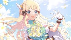  1girl bangs black_bow blonde_hair blue_eyes blush bow breasts elf eyebrows_visible_through_hair flower hair_bow hair_ornament highres large_breasts long_hair looking_at_viewer open_mouth pointy_ears princess_connect! rokico saren_(princess_connect!) smile solo 