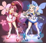  2girls alternate_costume anchor asakaze_(kancolle) blue_background blue_bow blue_choker blue_eyes blue_skirt blush boots bow choker cosplay cure_blossom cure_blossom_(cosplay) cure_marine cure_marine_(cosplay) dated dress eyebrows_visible_through_hair floral_background forehead full_body gift gradient gradient_background hair_bow hair_ornament heartcatch_precure! high_heel_boots high_heels high_ponytail highres kamikaze_(kancolle) kantai_collection kneehighs light_brown_hair long_hair magical_girl moke_ro multiple_girls open_mouth outstretched_arm pink_background pink_choker pink_dress precure purple_bow purple_footwear purple_hair short_sleeves skirt smile thigh-highs twitter_username very_long_hair violet_eyes wavy_hair white_dress white_legwear 