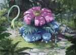  blurry claws closed_mouth commentary_request day fangs full_body highres leaf no_humans outdoors plant pokemon pokemon_(creature) smile solo standing tree uninori venusaur vines water_drop 