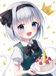  1girl bangs black_bow black_hairband black_neckwear blue_eyes blush bow bowtie breasts buttons cake commentary_request confetti crown_(symbol) dress eyebrows_visible_through_hair food ghost green_dress hair_between_eyes hairband hands_up konpaku_youmu konpaku_youmu_(ghost) looking_at_viewer medium_breasts numbered open_mouth puffy_short_sleeves puffy_sleeves shirt short_hair short_sleeves silver_hair smile solo suzuno_naru touhou white_background white_shirt white_sleeves 