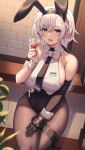  1girl :d animal_ears azur_lane bangs bare_shoulders black_gloves black_leotard black_neckwear bow bowtie braid breasts brown_legwear buran_(22x) collarbone covered_navel cup drink drinking_glass elbow_gloves eyebrows_visible_through_hair fake_animal_ears feet_out_of_frame gloves highres holding holding_cup indoors large_breasts leotard leotard_under_clothes long_hair name_tag necktie official_alternate_costume open_mouth pantyhose rabbit_ears reno_(azur_lane) reno_(reno_bunnino)_(azur_lane) sideboob silver_hair single_glove sitting skindentation sleeveless smile solo thigh_strap violet_eyes white_bow white_neckwear wrist_cuffs 