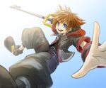  1boy blue_eyes brown_hair fingerless_gloves gloves hood jewelry keyblade kingdom_hearts kingdom_hearts_iii male_focus necklace open_mouth sayoyonsayoyo short_hair smile solo sora_(kingdom_hearts) spiky_hair super_smash_bros. 