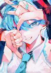  1girl arms_up bangs blue_eyes blue_hair blue_nails blue_neckwear blush collared_shirt commentary_request hatsune_miku highres looking_at_viewer necktie open_mouth shirt sion001250 smile solo teeth thumbs_down upper_body vocaloid w 