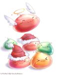  &gt;_&lt; :3 angel_wings angeling blush closed_eyes closed_mouth commentary drops_(ragnarok_online) ekaterina_orange english_commentary halo hat no_humans poporing poring ragnarok_online santa_hat simple_background slime_(creature) watermark web_address white_background wings 