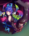  1girl @_@ absurdres aqua_hair baggy_clothes bangs big_shine blue_eyes blue_hair breasts bridal_gauntlets collarbone colorful covered_nipples crotch_seam drawstring fishnets flexible from_above full-length_zipper full_body green_hair grin highres hood hood_down hoodie leg_hold leg_lift leg_up leotard long_hair long_sleeves looking_at_viewer looking_up multicolored multicolored_eyes multicolored_hair outstretched_legs partially_unzipped pink_eyes sharp_teeth shiny shiny_clothes small_breasts smile solo split spread_legs standing standing_on_one_leg standing_split sweat teeth textless thigh-highs tiptoes twin_turbo_(umamusume) umamusume very_long_hair wide_spread_legs zipper zipper_pull_tab 