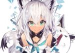  1girl absurdres ahoge animal_ears bangs braid commentary_request detached_sleeves eyebrows_visible_through_hair fox_ears fox_girl fubuzilla_(shirakami_fubuki) green_eyes highres hololive kaamin_(mariarose753) looking_at_viewer neckerchief shirakami_fubuki smile solo virtual_youtuber white_hair 