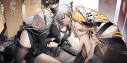  2girls absurdres animal_ears arknights arm_around_neck artist_name asymmetrical_docking bangs banner bare_arms bare_shoulders bent_over black_gloves black_legwear blonde_hair blue_eyes blunt_bangs breast_press breasts cellphone closed_mouth demon_horns dress eyebrows_visible_through_hair gloves grey_eyes highres holding holding_phone horns knee_up kneehighs lappland_(arknights) lappland_(refined_horrormare)_(arknights) large_breasts long_hair multiple_girls nightingale_(arknights) parted_lips phone sharp_teeth short_sleeves sideboob silver_hair sitting sleeveless sleeveless_dress smartphone smile sweat teeth thigh-highs thighs very_long_hair white_dress white_headwear wolf_ears yushi_quetzalli 