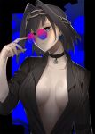  1girl blue_eyes blue_nails breasts choker closed_mouth commentary earrings english_commentary eyebrows_behind_hair glasses head_chain heart heart_choker highres hololive jewelry large_breasts lordroach ouro_kronii ribbon_earrings rimless_eyewear round_eyewear virtual_youtuber 