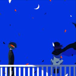  2boys ahoge black_cape black_hair black_headwear black_jacket blue_background blue_cape cape crescent_moon danganronpa_(series) danganronpa_v3:_killing_harmony facing_another floating_cape from_behind from_side jacket long_sleeves moon multiple_boys ouma_kokichi petals railing saihara_shuuichi short_hair sitting sky sumika_(rrz03) wind 