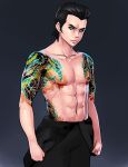  1boy abs black_background black_hair black_pants blue_eyes clenched_hands copyright_request cowboy_shot erkaz gradient gradient_background hair_slicked_back highres looking_at_viewer male_focus muscular muscular_male navel pants pectorals short_hair solo tattoo topless_male 