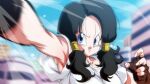  1girl armpits black_hair blue_eyes blue_sky breasts brown_gloves building closed_mouth dragon_ball dragon_ball_z fingerless_gloves gloves looking_up low_twintails outdoors punching rom_(20) shirt sky solo twintails urban v-shaped_eyebrows videl white_shirt 