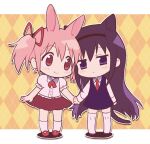  1gsrgnk 2girls akemi_homura alternate_costume animal_ears blush bow bowtie cat_ears chibi eye_contact eyebrows_visible_through_hair full_body hair_ribbon hairband head_tilt highres holding_hands kaname_madoka long_hair looking_at_another looking_to_the_side mahou_shoujo_madoka_magica multicolored multicolored_background multiple_girls outstretched_arms ribbon skirt smile thigh-highs twintails white_background white_legwear 