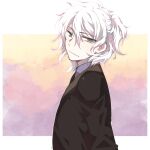  1boy bangs brown_jacket closed_mouth collared_shirt danganronpa_(series) danganronpa_2:_goodbye_despair eyebrows_visible_through_hair from_side green_eyes grey_shirt hair_between_eyes jacket komaeda_nagito long_sleeves looking_at_viewer male_focus messy_hair multicolored multicolored_background shirt short_hair smile solo sumika_(rrz03) upper_body white_background white_hair 