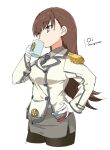  1girl aka_ringo black_legwear brown_eyes brown_hair buttons character_name collared_shirt cosplay cropped_legs cup double-breasted drinking epaulettes grey_skirt hand_on_hip highres kantai_collection katori_(kancolle) katori_(kancolle)_(cosplay) kikumon long_hair military military_uniform mug necktie ooi_(kancolle) pantyhose pencil_skirt shirt simple_background skirt solo uniform white_background 