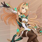  1girl artist_name artist_request blonde_hair breasts dress earrings elbow_gloves gem gloves glowing hair_ornament headpiece holding holding_sword holding_weapon jewelry large_breasts logo looking_at_viewer mythra_(massive_melee)_(xenoblade) mythra_(xenoblade) open_mouth pantyhose pose smile solo sword thigh_strap thighs tiara watermark weapon xenoblade_chronicles_(series) xenoblade_chronicles_2 yellow_eyes 