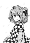  1girl ahoge bell blush checkered closed_mouth greyscale hair_bell hair_ornament highres ibara_kashipan japanese_clothes jingle_bell kimono looking_at_viewer monochrome motoori_kosuzu short_hair simple_background smile touhou twintails two_side_up white_background 