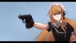  1girl artist_name black_dress black_gloves blonde_hair blue_background breasts brown_eyes closed_mouth cross cross_earrings dress earrings eyebrows_visible_through_hair girls_frontline gloves gun hair_ornament hairclip handgun highres holding holding_gun holding_weapon jewelry long_hair looking_away maid_headdress neck_ribbon ppk_(girls&#039;_frontline) ribbon serious simple_background small_breasts solo treeman upper_body walther walther_ppk weapon 