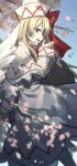  1girl blonde_hair blue_eyes capelet cherry_blossoms dress fairy fairy_wings highres lily_white long_hair long_sleeves open_mouth otoshiro_kosame petals touhou white_capelet white_dress white_headwear wide_sleeves wings 