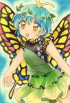  1girl antennae blue_background blue_hair butterfly_wings dress eternity_larva green_dress hair_ornament highres leaf leaf_hair_ornament leaf_on_head maa_(forsythia1729) multicolored multicolored_clothes multicolored_dress open_mouth short_hair short_sleeves single_strap touhou traditional_media wings yellow_eyes yellow_wings 