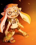 1girl bangs bike_shorts black_shorts blunt_bangs comedy fang fangs inkling long_hair looking_at_viewer open_mouth orange_hair pointy_ears sayoyonsayoyo shirt shoes shorts simple_background single_vertical_stripe solo splatoon_(series) standing super_smash_bros. tentacle_hair topknot