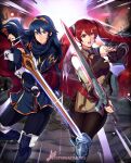  2girls armor blue_eyes blue_hair blue_legwear boots brown_legwear falchion_(fire_emblem) fingerless_gloves fire_emblem fire_emblem_awakening gloves greaves highres knee_boots leather_armor long_hair looking_at_viewer lucina_(fire_emblem) multiple_girls red_eyes redhead severa_(fire_emblem) sparkartworks sword twintails weapon 