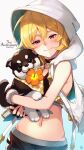  1girl alex_(dragalia_lost) animal anniversary bangs bare_arms bare_shoulders black_choker black_gloves blonde_hair blush choker closed_mouth copyright_name cowboy_shot dog dragalia_lost flower gloves gradient gradient_background hair_between_eyes hibiscus highres holding holding_animal holding_dog hood hood_up hooded_vest hoodie long_hair looking_at_viewer mouth_hold nakabayashi_zun navel orange_flower red_eyes signature sleeveless smile solo vest white_background white_vest 