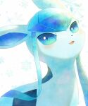  :d alopias blue_eyes glaceon green_eyes looking_to_the_side multicolored multicolored_eyes no_humans open_mouth pokemon pokemon_(creature) rainbow_gradient smile snowflakes upper_body 