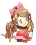  1girl absurdres blue_eyes bow brown_hair choker dress hair_bow highres jewelry looking_to_the_side necklace open_mouth pink_bow pokemon red_bow serena_(pokemon) suke_(sk_srn) 