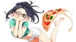  1girl ;p barefoot black_hair blush breasts cheese clothes_lift floating_hair food glasses green_shirt hands_on_own_cheeks hands_on_own_face head_rest highres indie_virtual_youtuber kson legs looking_at_viewer midriff navel one_eye_closed open_hands pizza ponytail shirt shirt_lift short_shorts shorts simple_background solo tabo55555 tongue tongue_out violet_eyes white_background white_shorts 