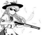  1girl bangs bow bowtie center_frills closed_mouth english_commentary feathers food frills fruit giantcavemushroom greyscale gun hat highres hinanawi_tenshi holding holding_weapon leaf long_hair monochrome peach puffy_short_sleeves puffy_sleeves short_sleeves shotgun simple_background solo standing sunglasses touhou v-shaped_eyebrows weapon 