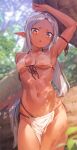 1girl arm_up armpits bangs bare_shoulders bikini blush breasts collarbone dark_elf elf forehead highres kinta_(distortion) long_hair looking_at_viewer navel open_mouth original parted_bangs pelvic_curtain pointy_ears ponytail sidelocks small_breasts solo swimsuit thighs white_bikini yellow_eyes
