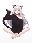  1girl absurdres animal_ears bangs bare_legs barefoot bell black_shirt blunt_bangs breasts cat_ears cat_girl cat_tail choker collarbone cross cross_earrings earrings extra_ears eyebrows_visible_through_hair fangs full_body grey_hair hand_on_own_foot hand_up highres indian_style jewelry kano_(wi3028) long_hair long_sleeves looking_at_viewer loose_clothes loose_shirt naked_shirt neck_bell open_mouth original oversized_clothes oversized_shirt shirt shirt_slip simple_background sitting solo tail white_background yellow_eyes 