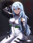  1girl absurdres adjusting_hair aqua_hair arm_support ayanami_rei bangs bodysuit bracelet commentary_request evangelion:_3.0+1.0_thrice_upon_a_time eyebrows_visible_through_hair hair_between_eyes hanami_e highres interface_headset jewelry long_hair long_sleeves looking_at_viewer neon_genesis_evangelion plugsuit rebuild_of_evangelion red_eyes sidelocks simple_background sitting solo white_bodysuit 