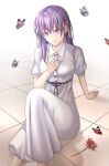  1girl absurdres arm_support bug butterfly dress fate/stay_night fate_(series) flower heaven&#039;s_feel highres hwa_n01 long_hair looking_at_viewer matou_sakura pink_ribbon purple_hair ribbon solo spider_lily tile_floor tiles violet_eyes white_dress 