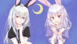  2girls :d animal_ears bangs black_eyes blunt_bangs echidna_(re:zero) emilia_(re:zero) finger_to_mouth hand_in_hair hand_on_own_chin highres moon multiple_girls open_mouth puffy_short_sleeves puffy_sleeves rabbit_ears re:zero_kara_hajimeru_isekai_seikatsu short_sleeves silver_hair smile violet_eyes white_hair yomo_(rb_crr) 