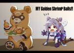 1girl absurdres chibi comedy crying dress english_text food genshin_impact gloves guoba_(genshin_impact) highres keqing_(genshin_impact) linreplica open_mouth outstretched_hand panda plate purple_hair sad shrimp twintails violet_eyes