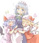  3girls apron arnest bat_wings blonde_hair blue_dress blue_eyes blush braid brooch closed_eyes crystal dress eyebrows_visible_through_hair flandre_scarlet flying_sweatdrops hat heart highres izayoi_sakuya jewelry maid_apron maid_headdress medium_hair mob_cap multiple_girls one_side_up open_mouth pink_headwear pink_shirt pink_skirt puffy_short_sleeves puffy_sleeves purple_hair red_skirt red_vest remilia_scarlet sandwiched shirt short_hair short_sleeves siblings silver_hair simple_background sisters skirt smile touhou twin_braids vest white_apron white_background white_headwear white_shirt wings wrist_cuffs 
